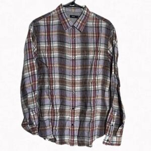 Vince Plaid Casual Shirt - Purple, Brown, White 100% Linen Sz M